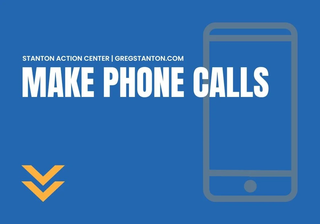 Blue background with white text saying "Make Phone Calls" and smaller text above with a URL. There is a simple outline of a smartphone and two yellow arrows pointing downward.