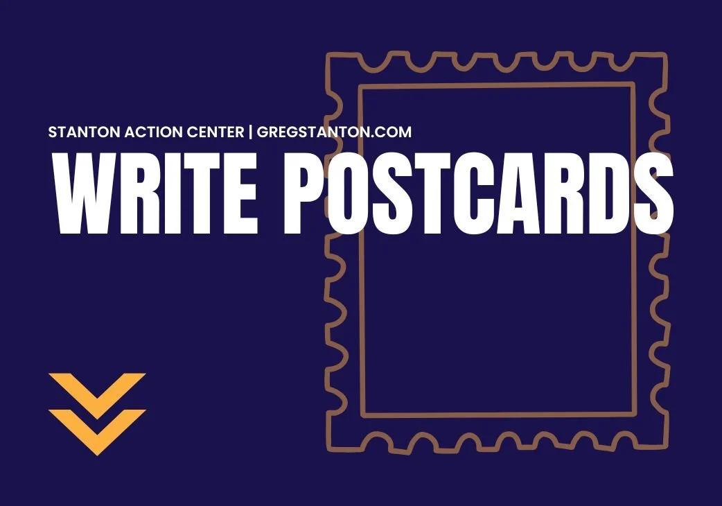 An online event titled 'Write Postcards' hosted by Stanton Action Center, encouraging postcard writing, with a stylized postcard outline in the background.