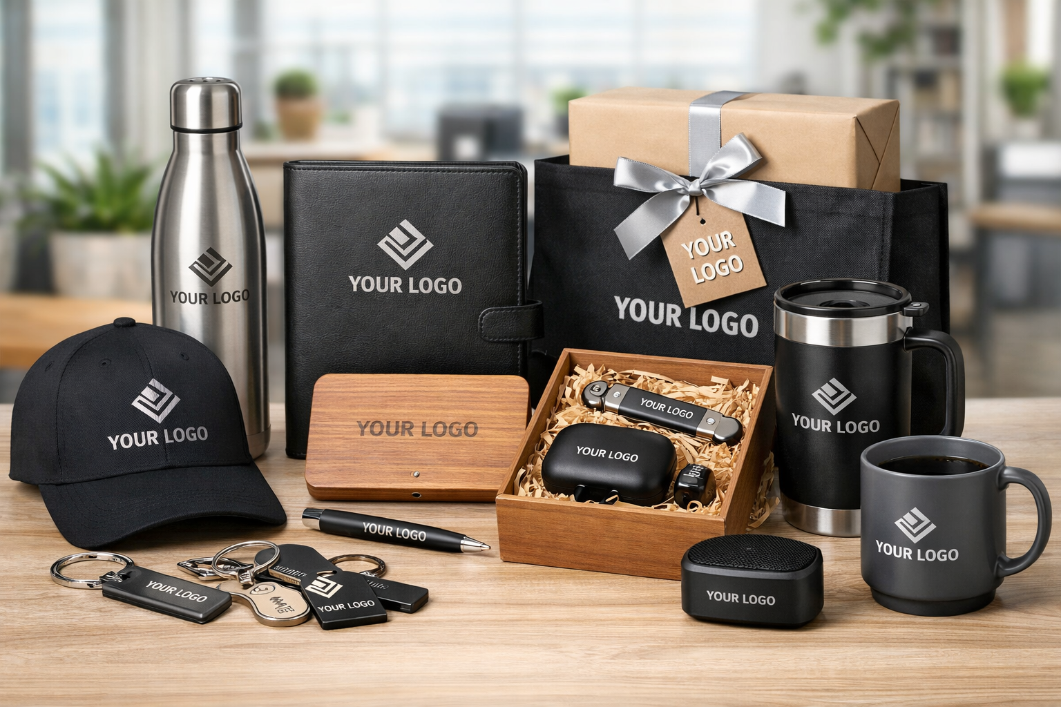 Collection of branded promotional items including a water bottle, notebook, pen, keychains, wallet, a gift box, mugs, a travel mug, a wooden box with a multi-tool, and a small speaker, all displaying a placeholder logo, arranged on a wooden surface with a blurred indoor background.