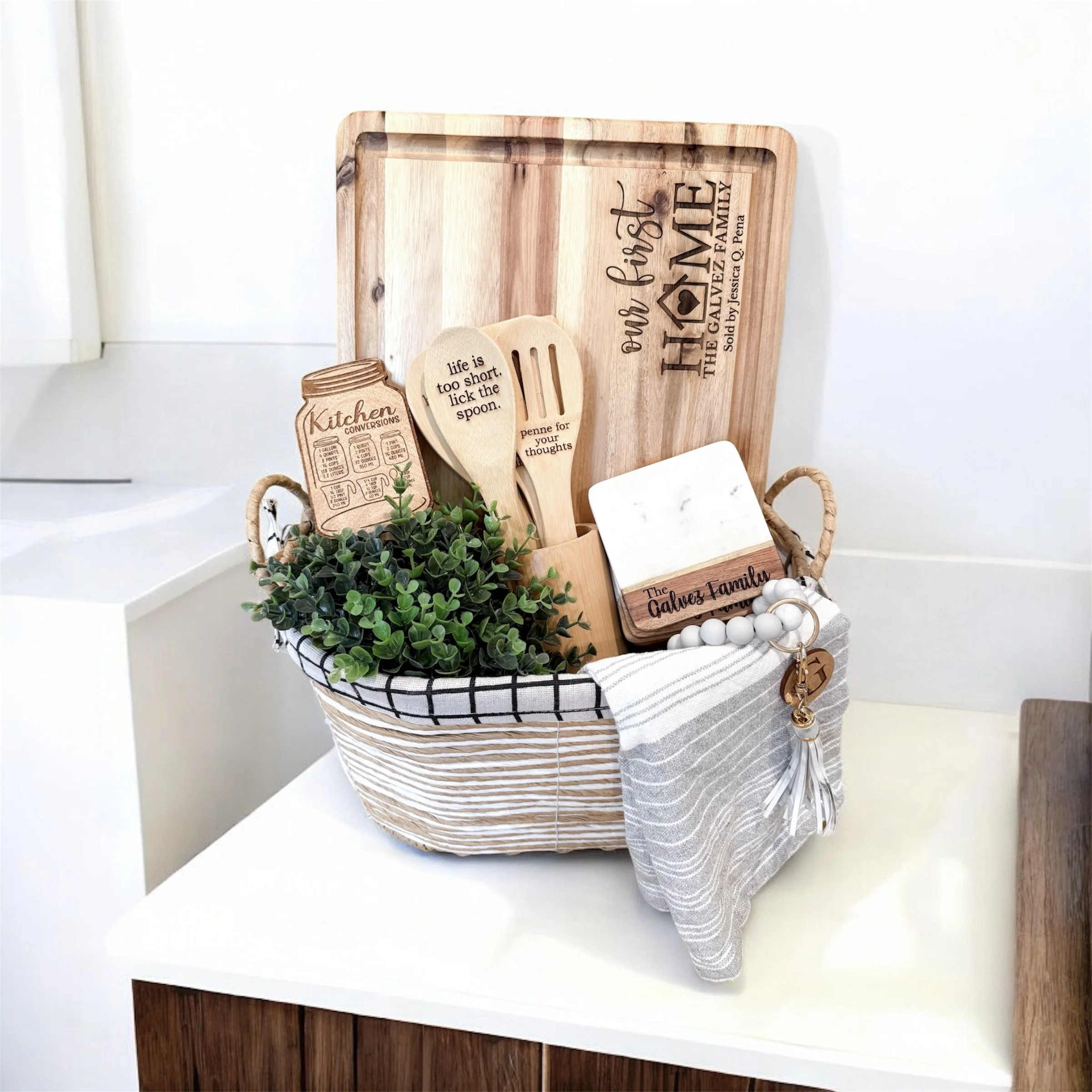 Personalized Homewarming Gift Basket | Custom Cutting Board | Kitchen Utensils | New Home Gift