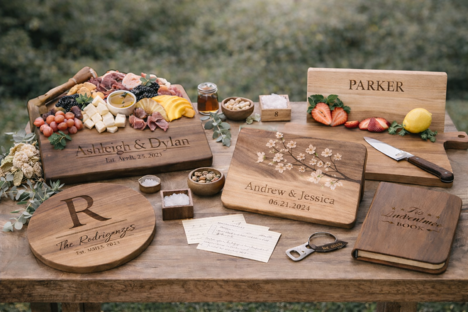 Wooden table with personalized cutting boards, cheese, fruit, honey, nuts, and a knife, for a wedding celebration.