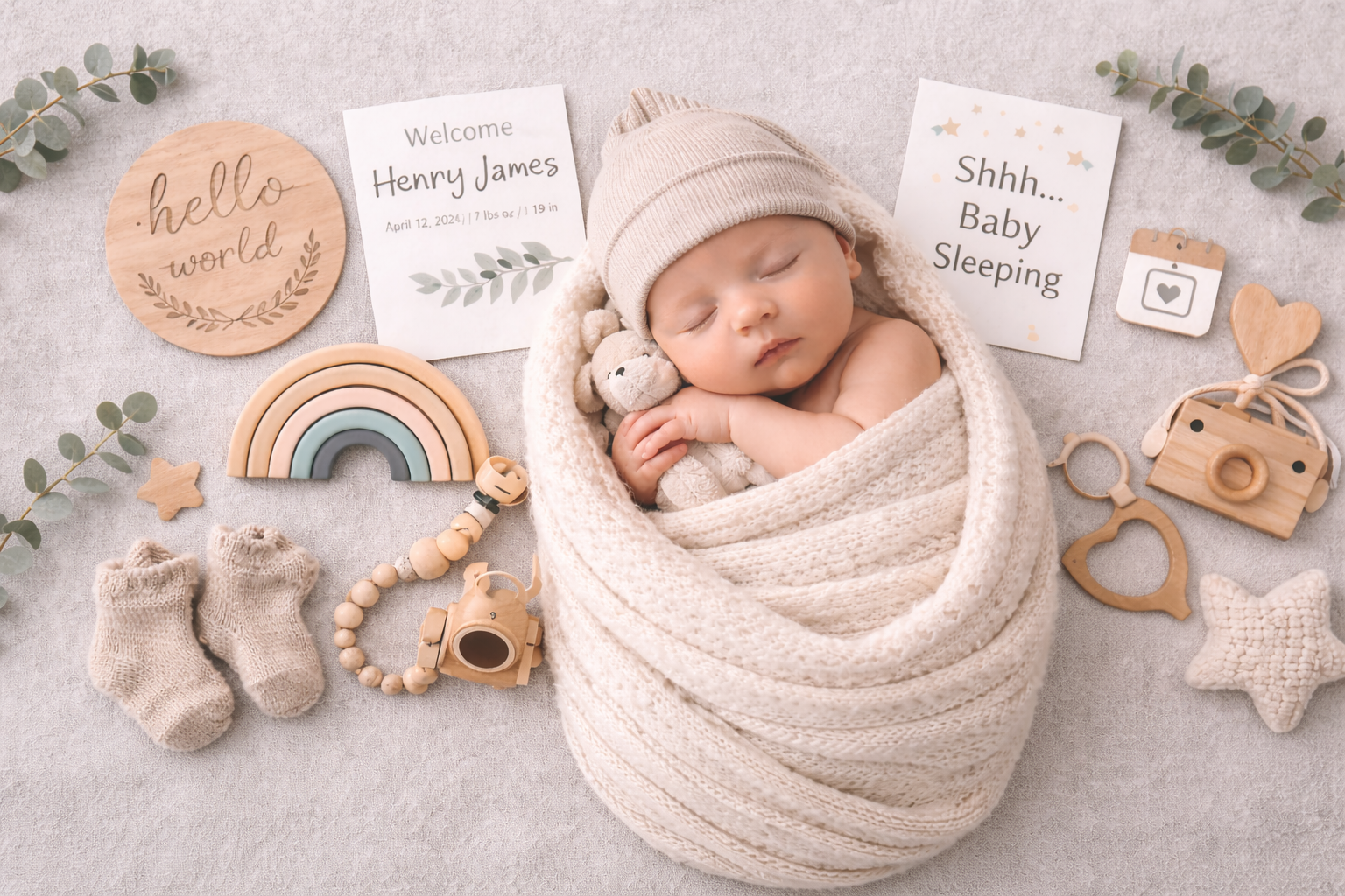 A sleeping baby wrapped in a knit blanket with baby toys and decorative items around, including wooden signs, a rainbow, socks, a camera, and greenery.
