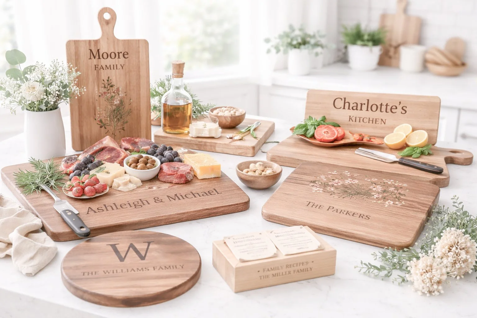 Decorative wooden cutting boards with personalized family names, arranged on a white kitchen counter with fresh herbs, cheese, meats, grapes, and small bowls of nuts, in a bright, well-lit kitchen.