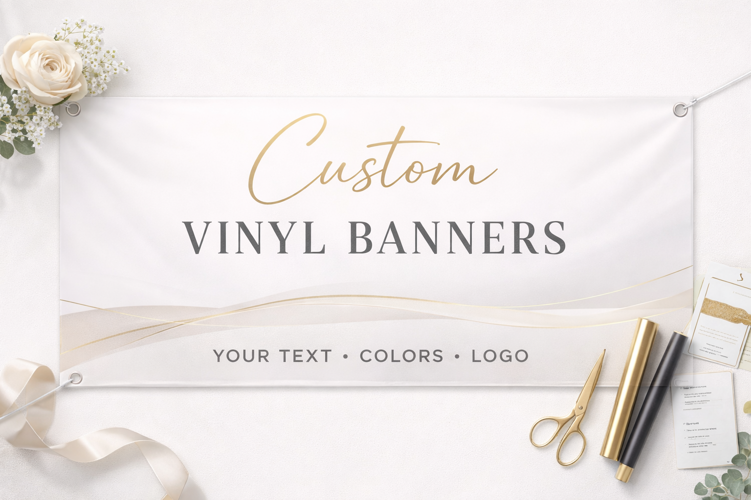 A wedding or event banner promoting custom vinyl banners, with floral decorations, scissors, gold and black rolls, and small printed materials on a white background.