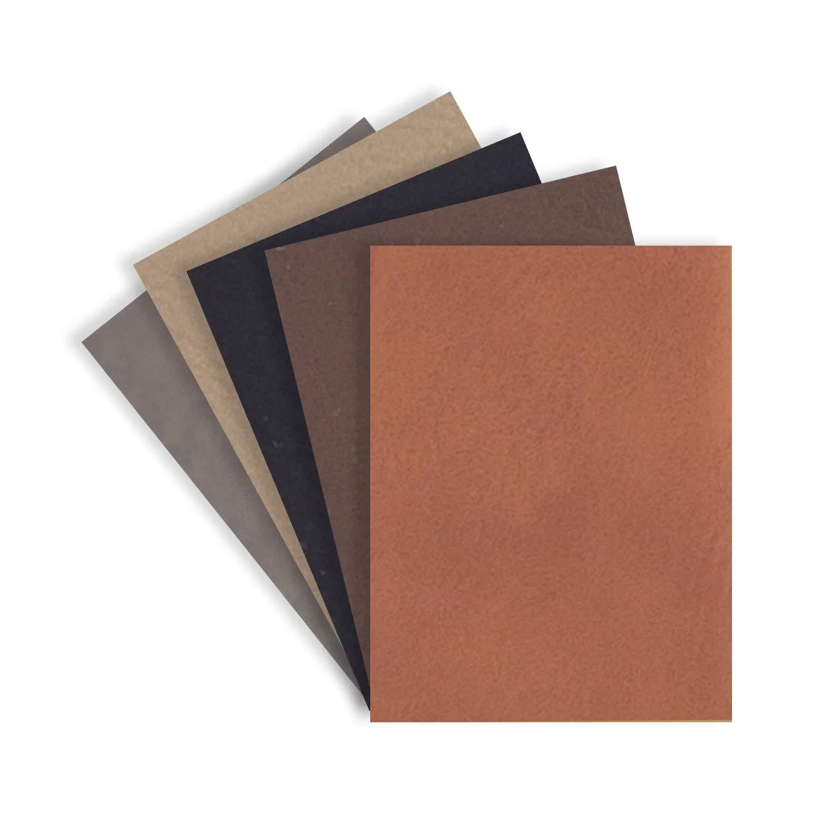 A fan of five different colored sheets of sandpaper, from light gray to reddish-brown, arranged in a fanned-out pattern.