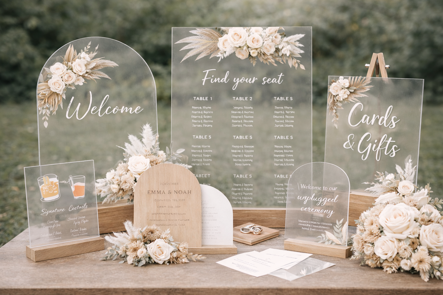 Decorative wedding sign displays with white roses, dried flowers, and clear acrylic panels that read "Welcome," "Find your seat," "Cards & Gifts," and "Unplugged ceremony," alongside a seating chart and wedding details.