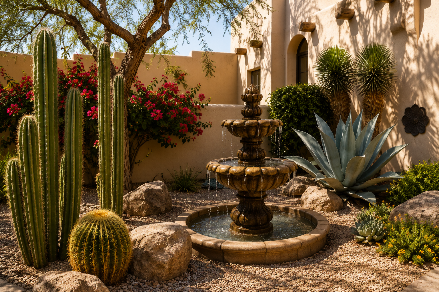 Desert garden scene with a central fountain, tall cacti, agave plants, flowering bushes, and desert rocks, with a stucco wall and a tree in the background.