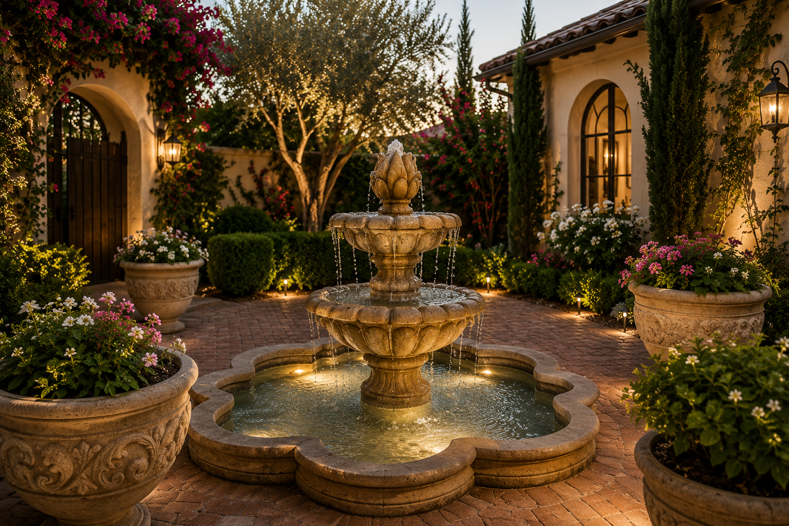 A decorative stone fountain in a courtyard surrounded by potted plants and flowers, with warm lighting at dusk.