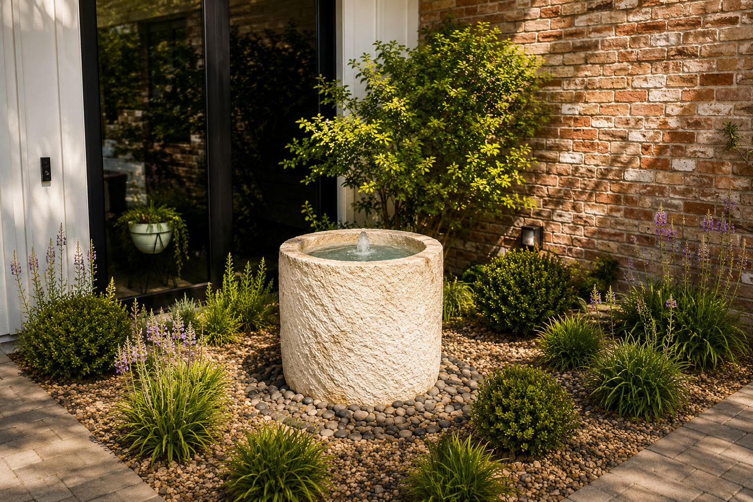 Outdoor garden area with a round stone water fountain, surrounded by green plants and shrubs, next to a brick wall and glass door.
