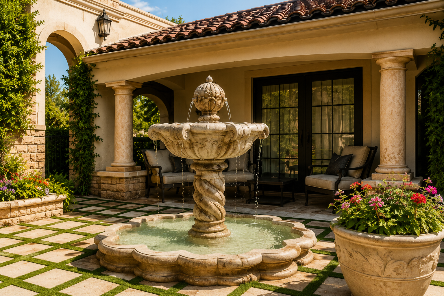 A beige stone fountain with water flowing from its top into a basin, situated on a tiled patio. Two black cushioned chairs and a matching sofa with cushions are positioned against the house's wall in the background. There are flower pots with colorful flowers to the left and right, and greenery climbing the house columns. The house has a tiled roof and French doors with glass panes.