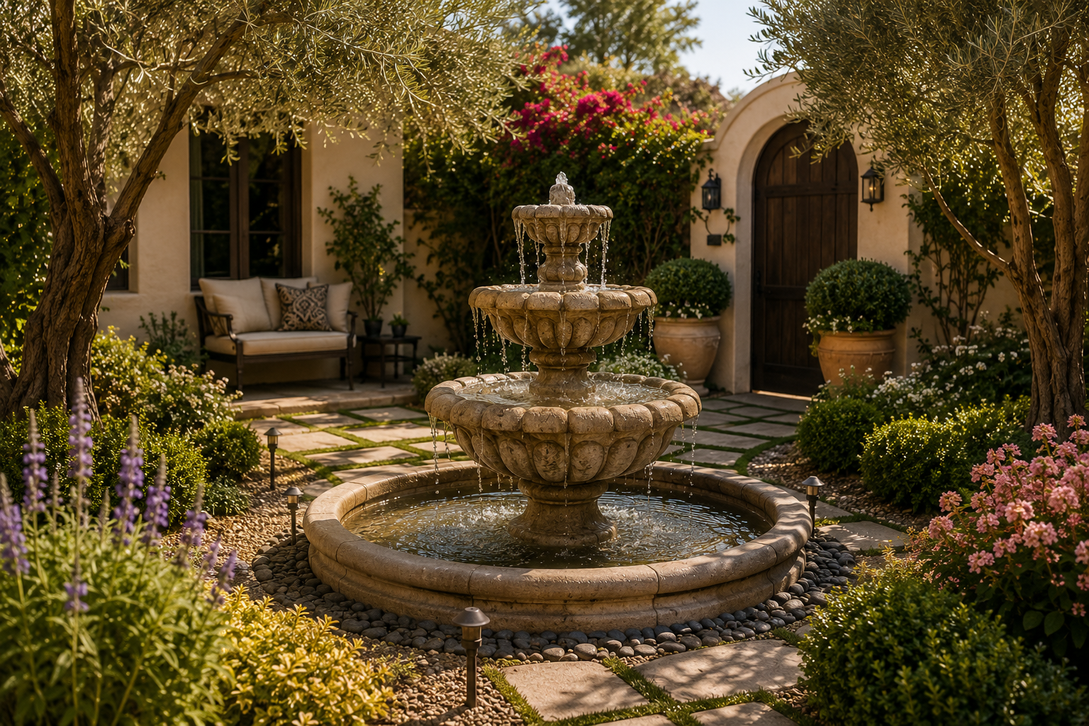 A three-tier stone fountain in a lush garden courtyard with colorful flowers, bushes, and trees, surrounded by small landscape lights, with a house entrance featuring a wooden door and outdoor seating visible in the background.