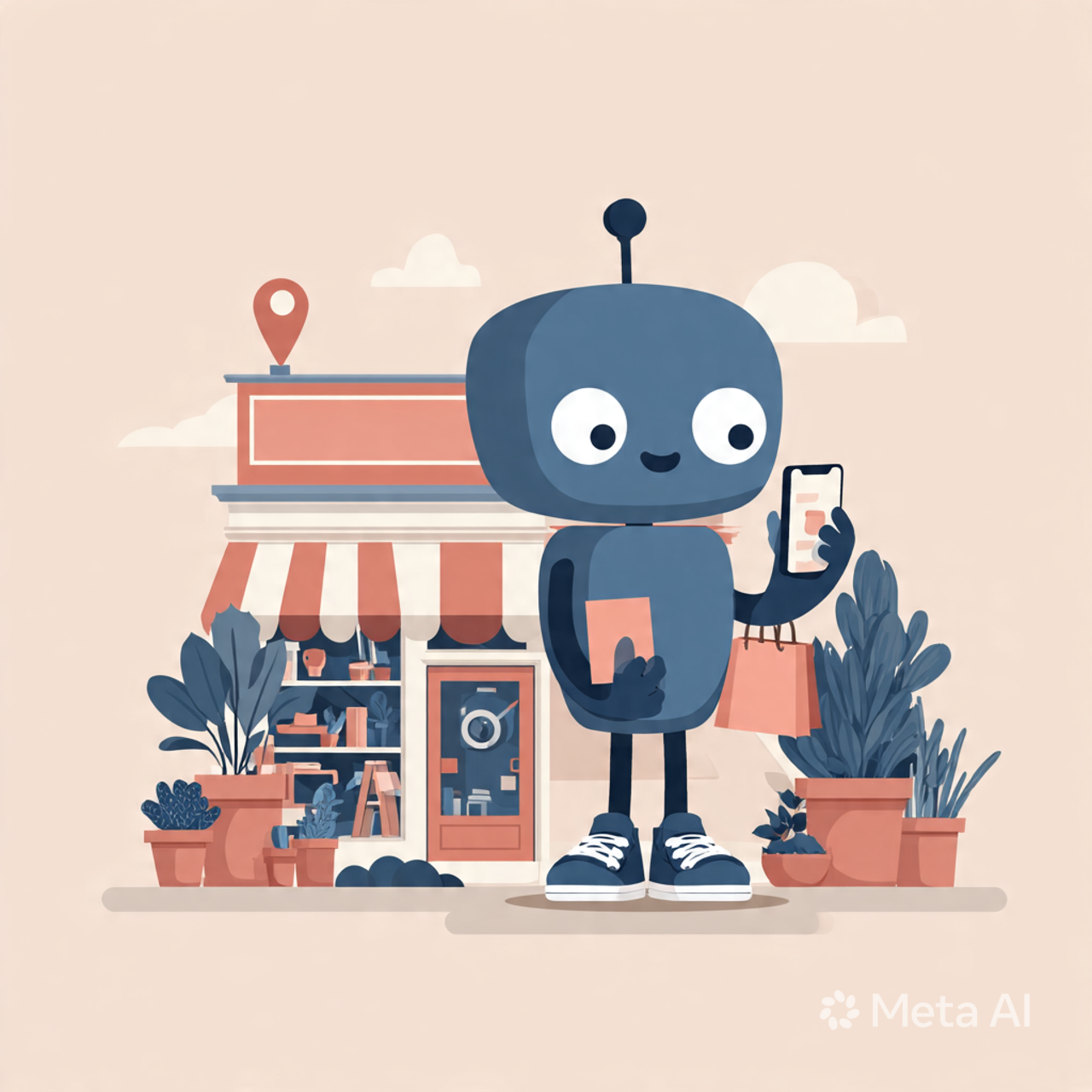 Een cartoon robot met grote ogen, die een smartphone en een brief vasthoudt, staat voor een klein bloemenwinkel met planten en pottestaken.