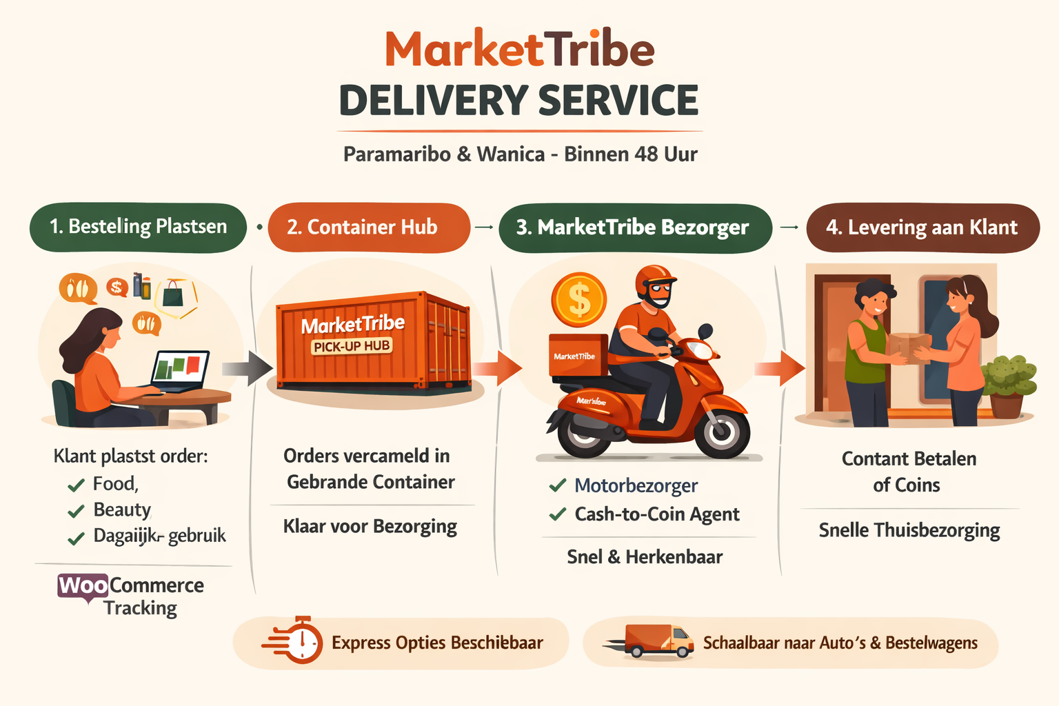 Infographic over de levering van Market Tribe, inclusief stappen: 1. Klant plaatst bestelling van food, beauty of dagelijk gebruik, 2. Bestelling wordt verzameld in een container hub, 3. Delivery door een MarketTribe bezorger op een scooter, 4. Klant betaalt contant of met coins en krijgt snelle thuisbezorging.