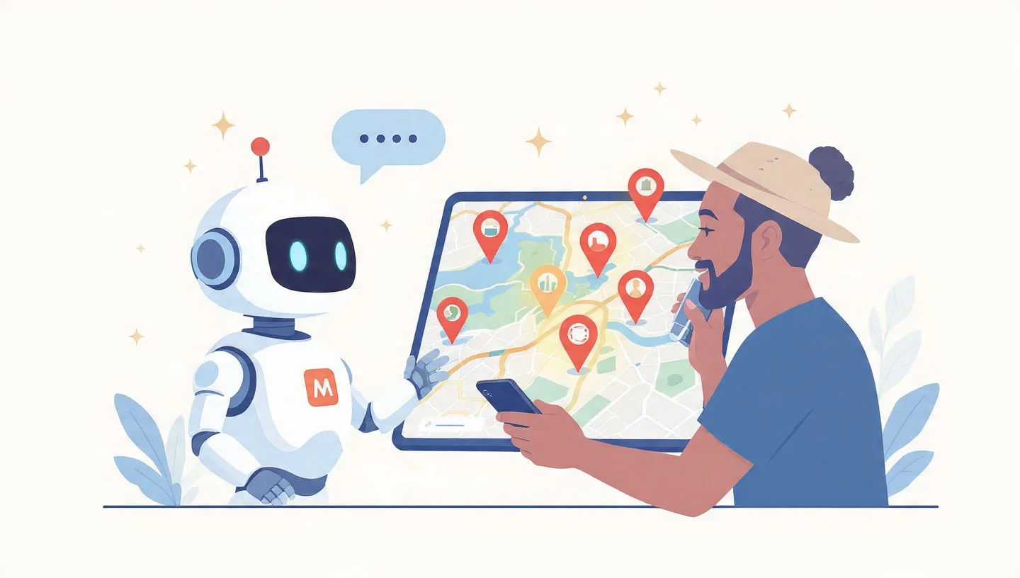 Een mens en een robot bekijken samen een digitale kaart op een tablet en smartphone, met verschillende locatiepinnen.