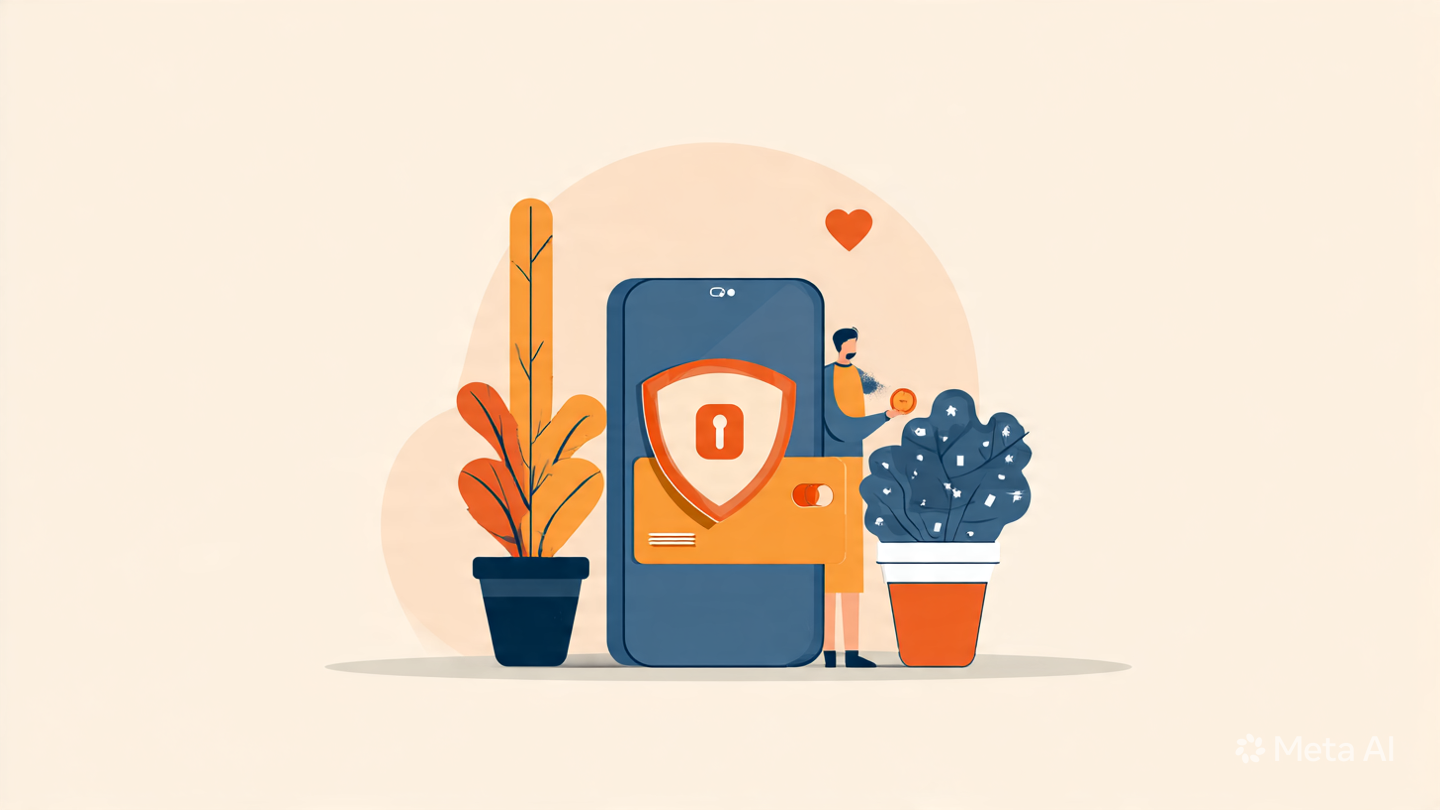 Illustratie van een smartphone met een beveiligingsschild met een slot, een man die op een grote pons speelt, en twee planten in potten.