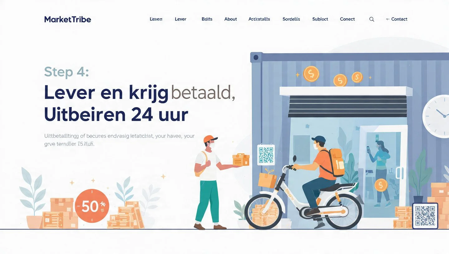 Illustratie van een bezorger die een pakket ontvangt van een persoon op een fiets voor een winkel, met een klok, QR-codes, en stapel dozen met een korting van 50 procent aangegeven.