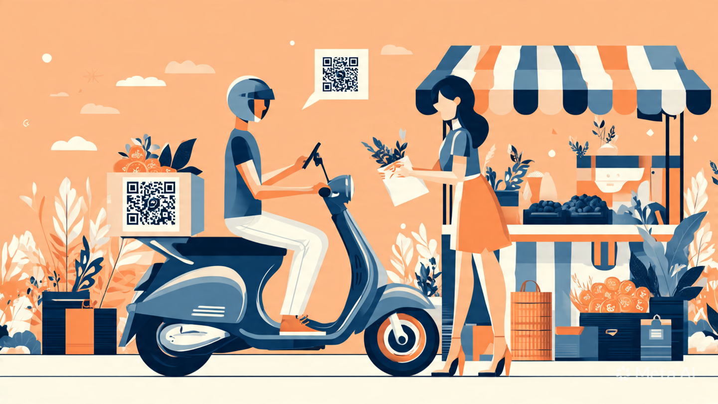 Illustratie van een motorrijder die een bestelling ontvangt van een vrouw bij een fruitkraam, beide met QR-code. De vrouw houdt een blad met planten. Een marktkraam met fruit en groenten staat ernaast, met een oranje en blauw gestreepte parasol. Dan buiten, met een open landschap en planten op de achtergrond.