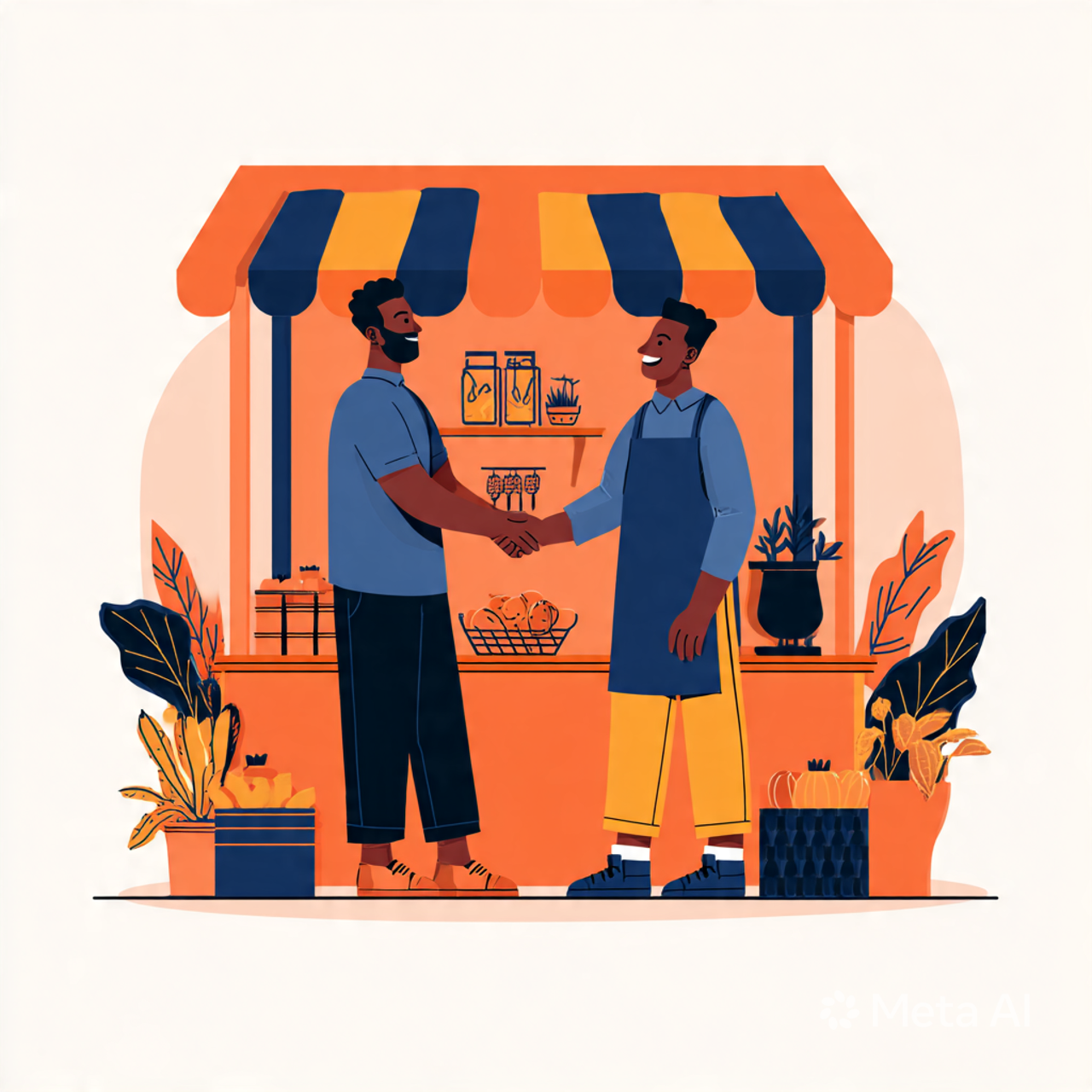 Twee mannen wisselen een handdruk uit voor een marktkraam met planten en fruit.