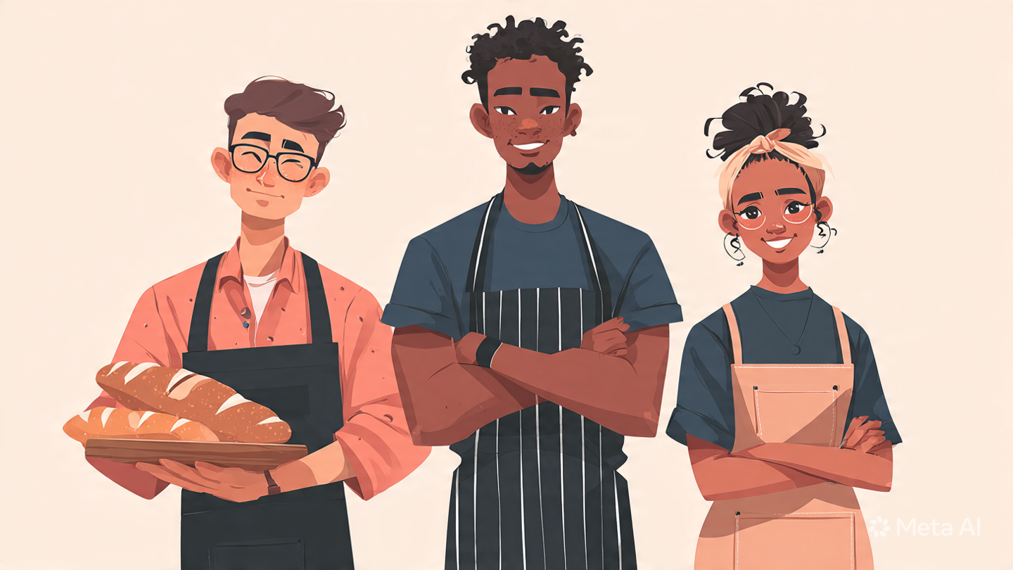 Drie mensen in een stijlvolle illustratie, met een man in het midden met zijn armen gekruist en een blauwe blouse, een man links met een bord brood en een vriendin rechts met een beige schort en een bandana. Ze lachen allemaal en stralen zelfvertrouwen uit.