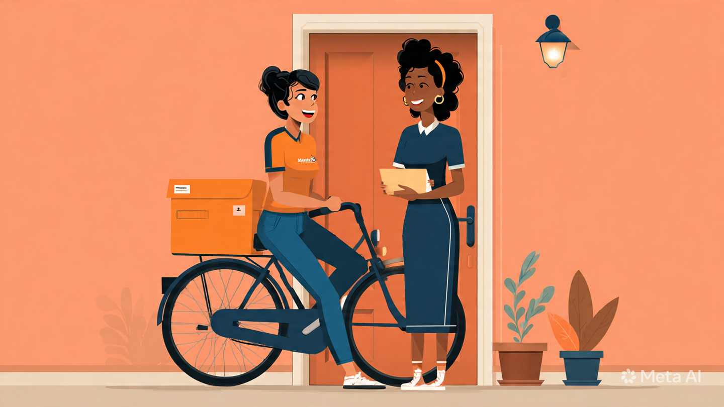 Twee vrouwen staan voor de deur te praten, één met een fiets die een bezorgdoos op de rug heeft, de ander met een map in haar hand.