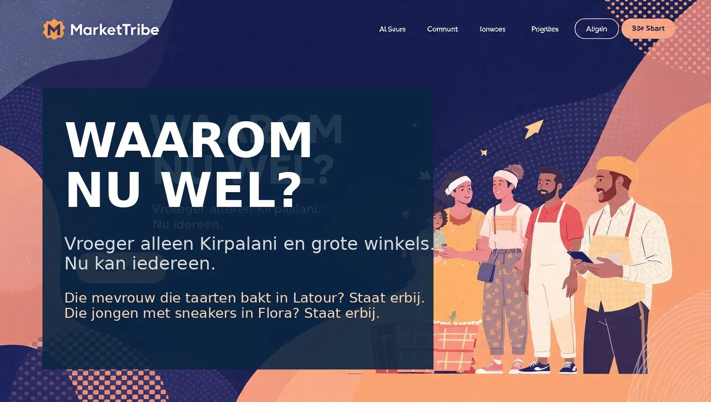 Illustratie van vier mensen die in een markt staan, met tekst die het belang van inclusiviteit en toegankelijkheid benadrukt, en het logo van MarketTribe in de linkerbovenhoek.