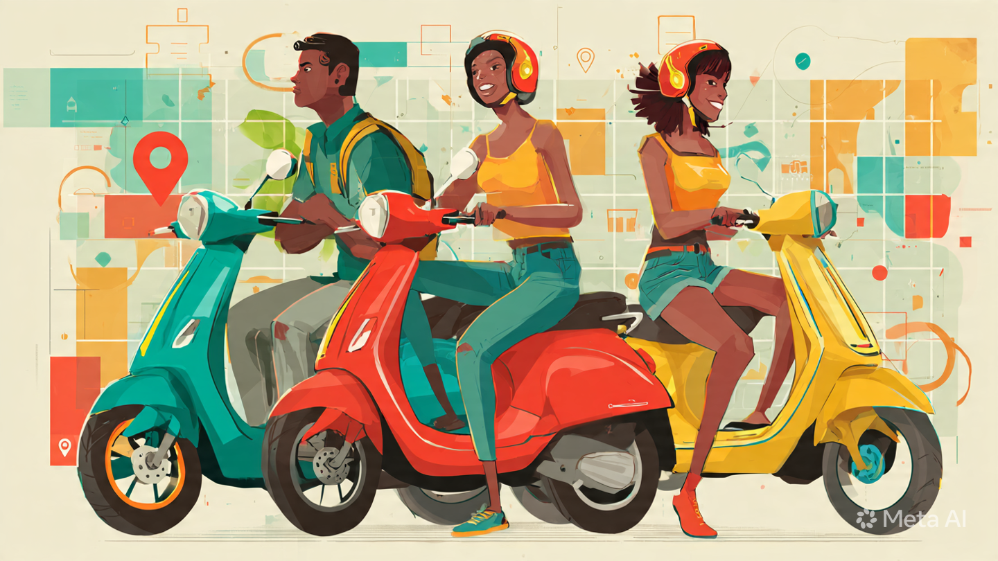 Drie jonge mensen rijden op scooters, dragen helmen en rijden in een kleurrijke digitale achtergrond.