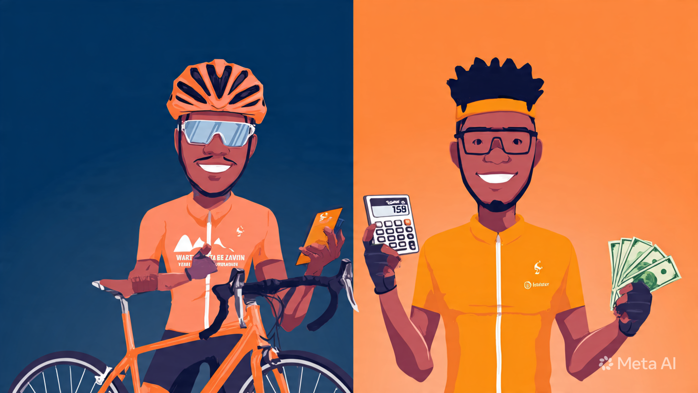 Twee mannen in oranje sportkleding, één met een fiets en GPS of telefoon, de ander met een calculator en geld, beide glimlachen.