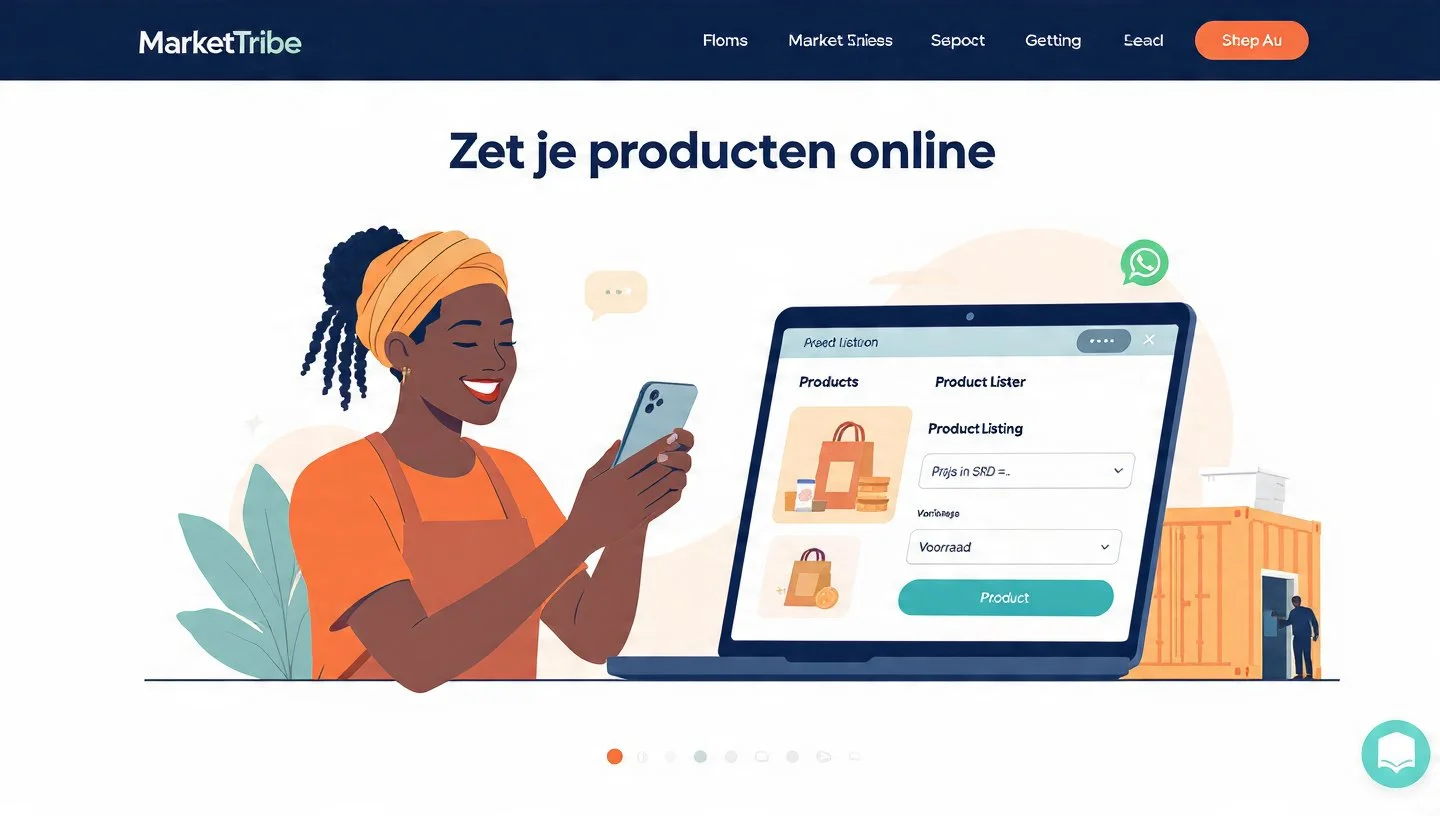 Illustratie van een vrouw die op haar smartphone kijkt, met een laptop die een online productlijst toont. Op de laptop staan een winkelwagen en voorraadopties. De tekst 'Zet je producten online' is zichtbaar, en de website heet 'MarketTribe'.