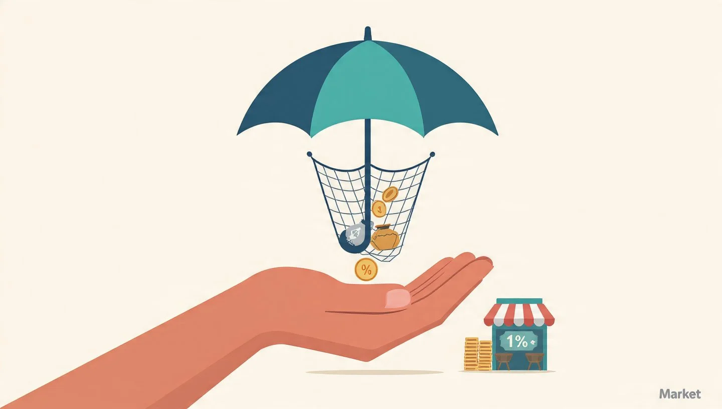 Een hand houdt een parasol en een net met munten en een geldzakje onder de parasol. Op de grond ligt een munt met het percentage 1%. Naast de hand staat een kraampje met een bord met 1% en een stapel munten.