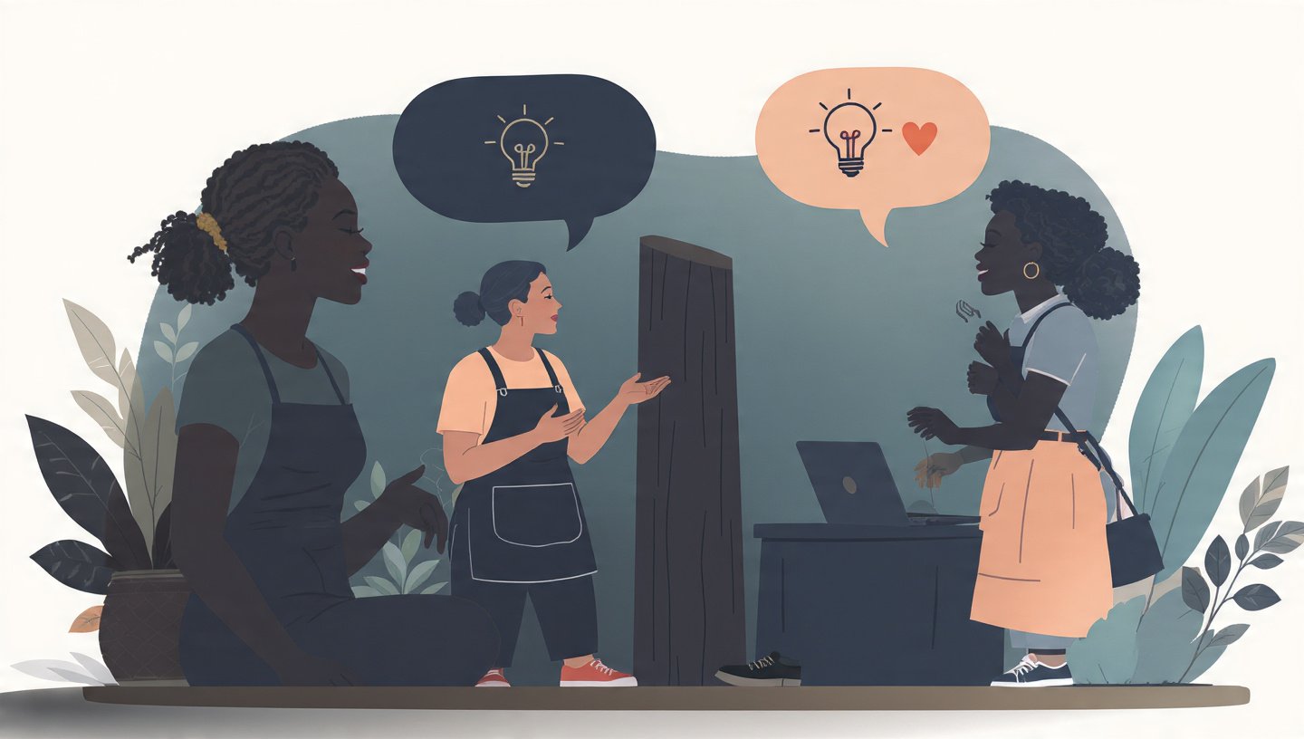 Drie vrouwen die aan een tafel werken en brainstormen, met gedachtelbellen met lichtbulb-symbolen en een hart, gesitueerd om inspiratie en verbinding te symboliseren.