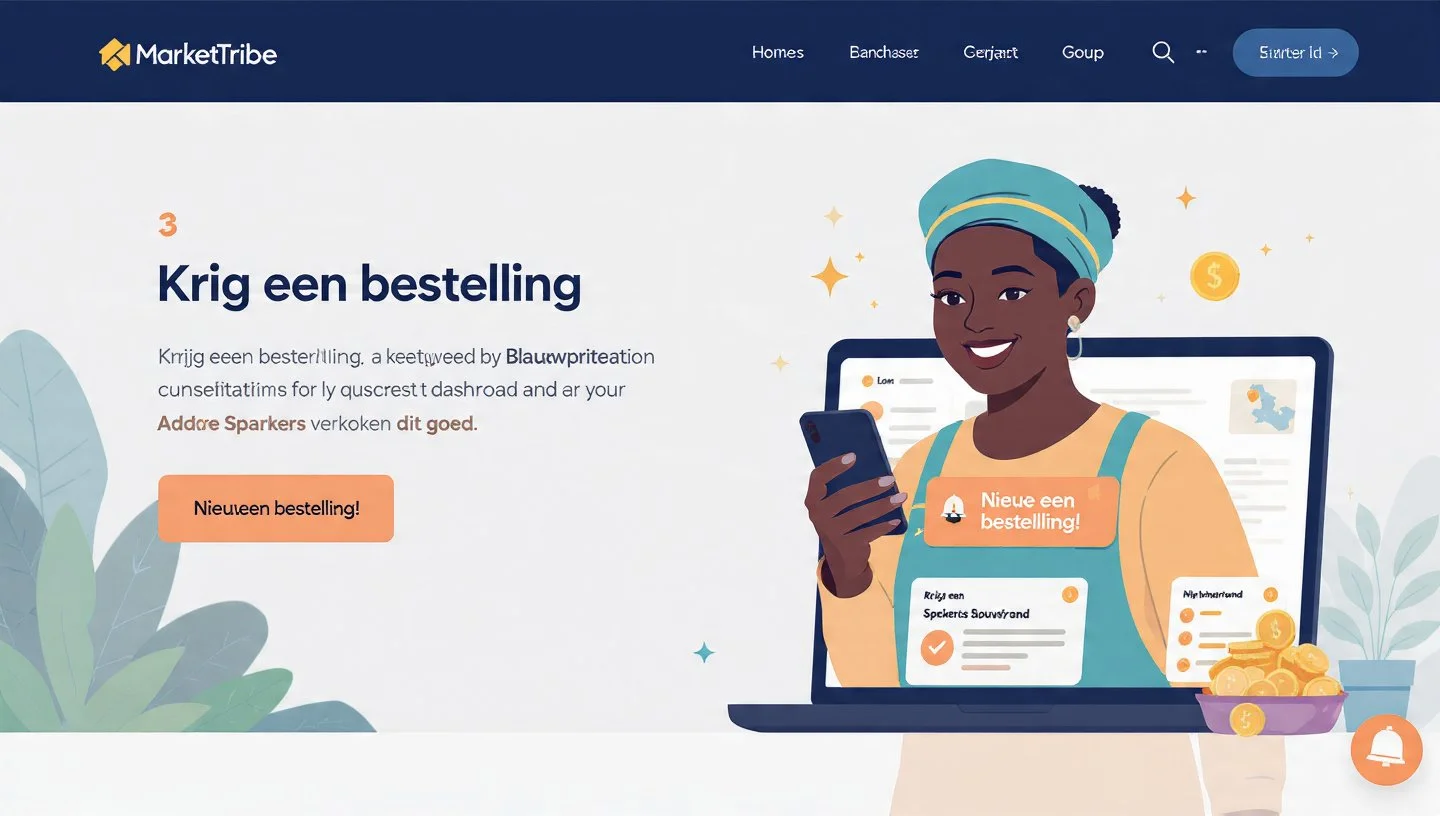 Illustratie van een vrouw die op haar telefoon kijkt, met een computer en een kom met munten op de tafel. Tekst en knoppen voor het plaatsen van een bestelling en de website header zichtbaar.