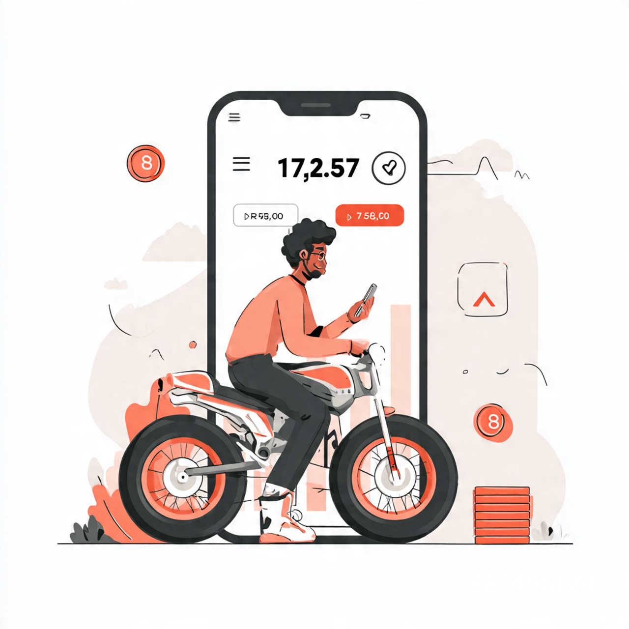 Illustratie van een man die op een elektrische fiets rijdt terwijl hij op zijn smartphone kijkt, met een grote smartphone op de achtergrond die een financiële app toont.