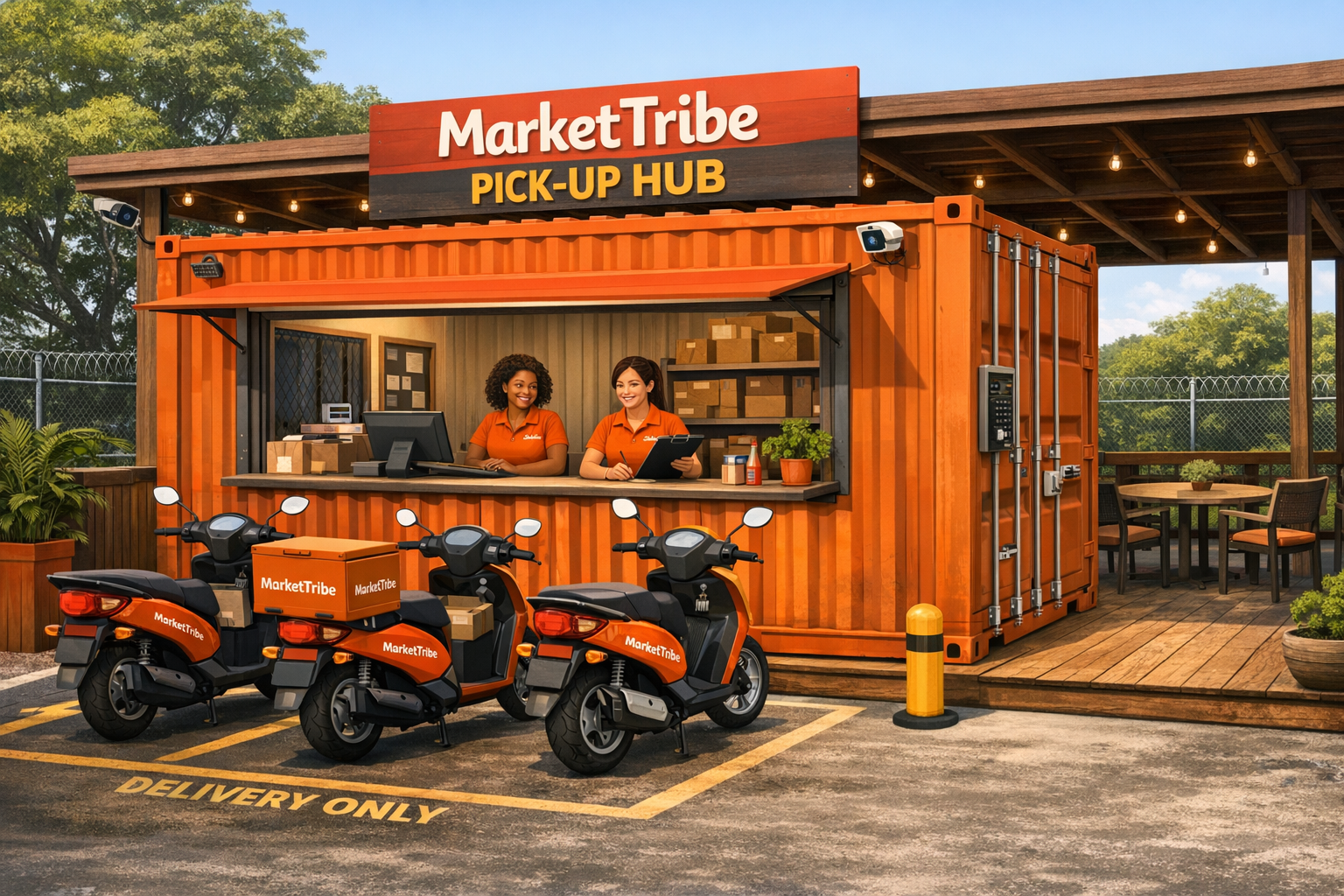 Een pick-up huurlocatie met een containerwinkel en drie bezorgmotoren in een parkeerplaats, personeel ontvangt klanten.