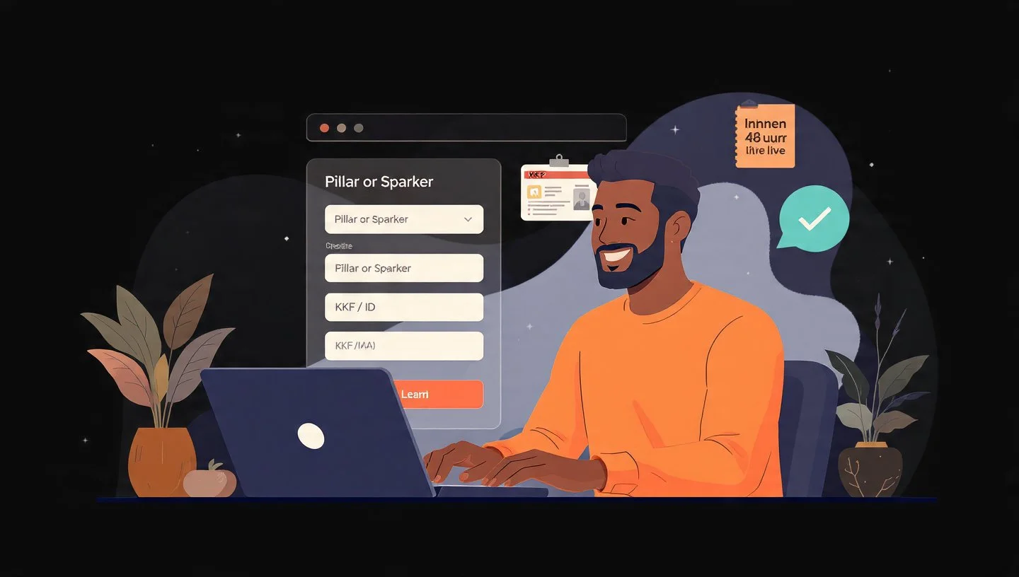 Illustratie van een man die achter een laptop zit, met een scherm dat opties voor identificatie toont, op een donkere achtergrond met planten en een notitie met 48 uur binnen. Een groene vink en enkele vensters op het scherm.