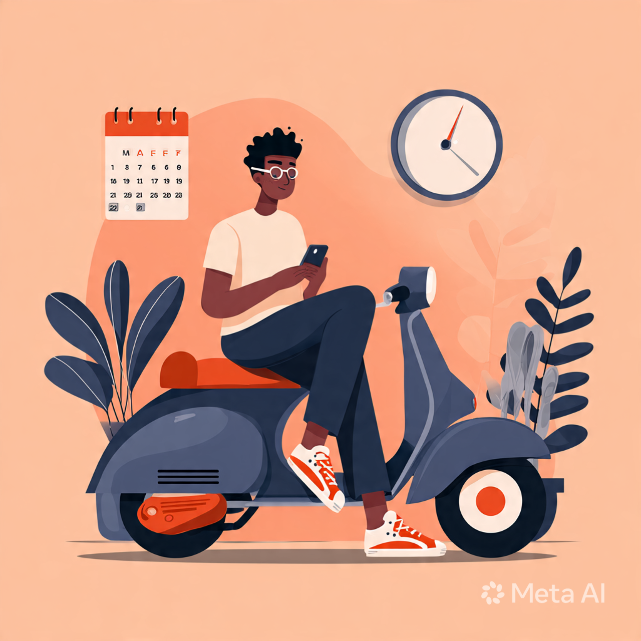 Een persoon zit op een scooter, kijkt op een smartphone, met planten op de achtergrond, een kalender en een klok aan de muur.