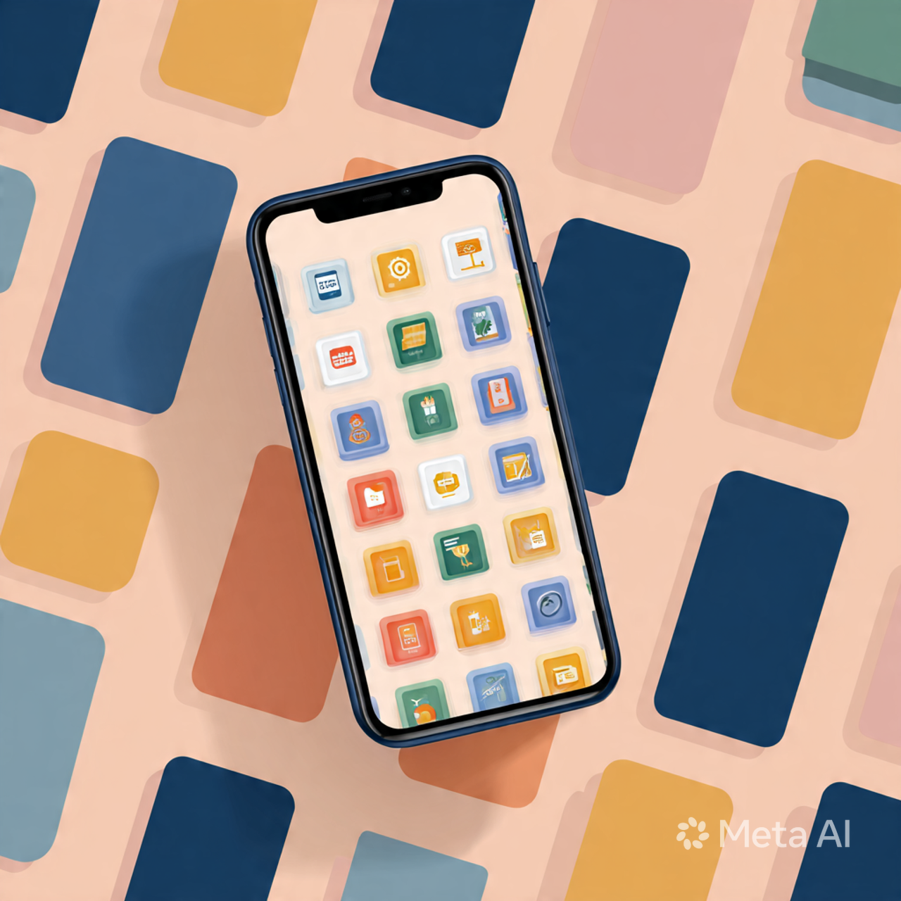 Een smartphone met verschillende app-iconen op het scherm, geplaatst op een gedekte tafel met een patroon van gekleurde rechthoekige vlekken.