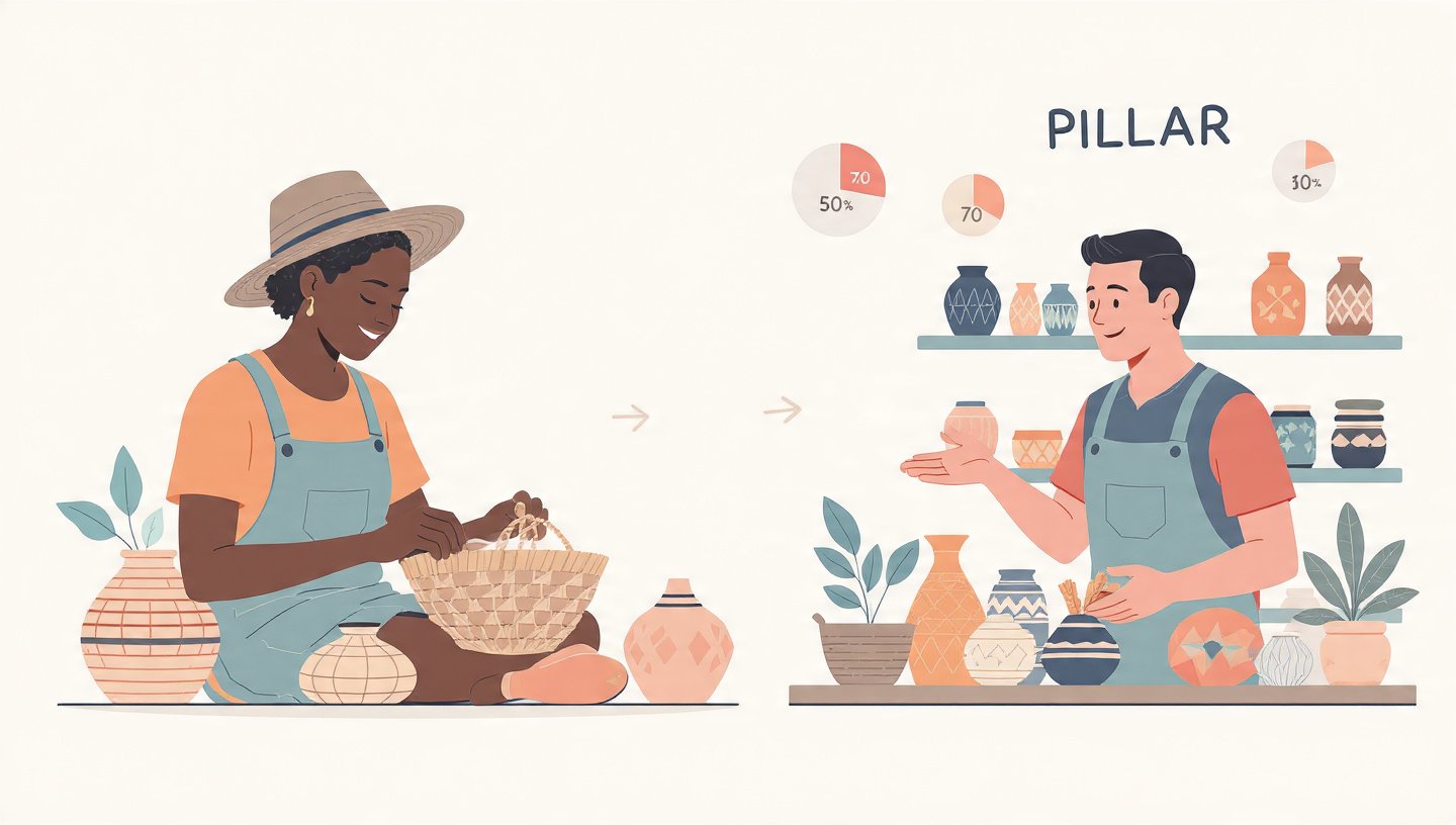Illustratie van een vrouw en een man die keramische vazen en potten bekijken, met grafieken en het woord 'PILLAR' bovenaan.