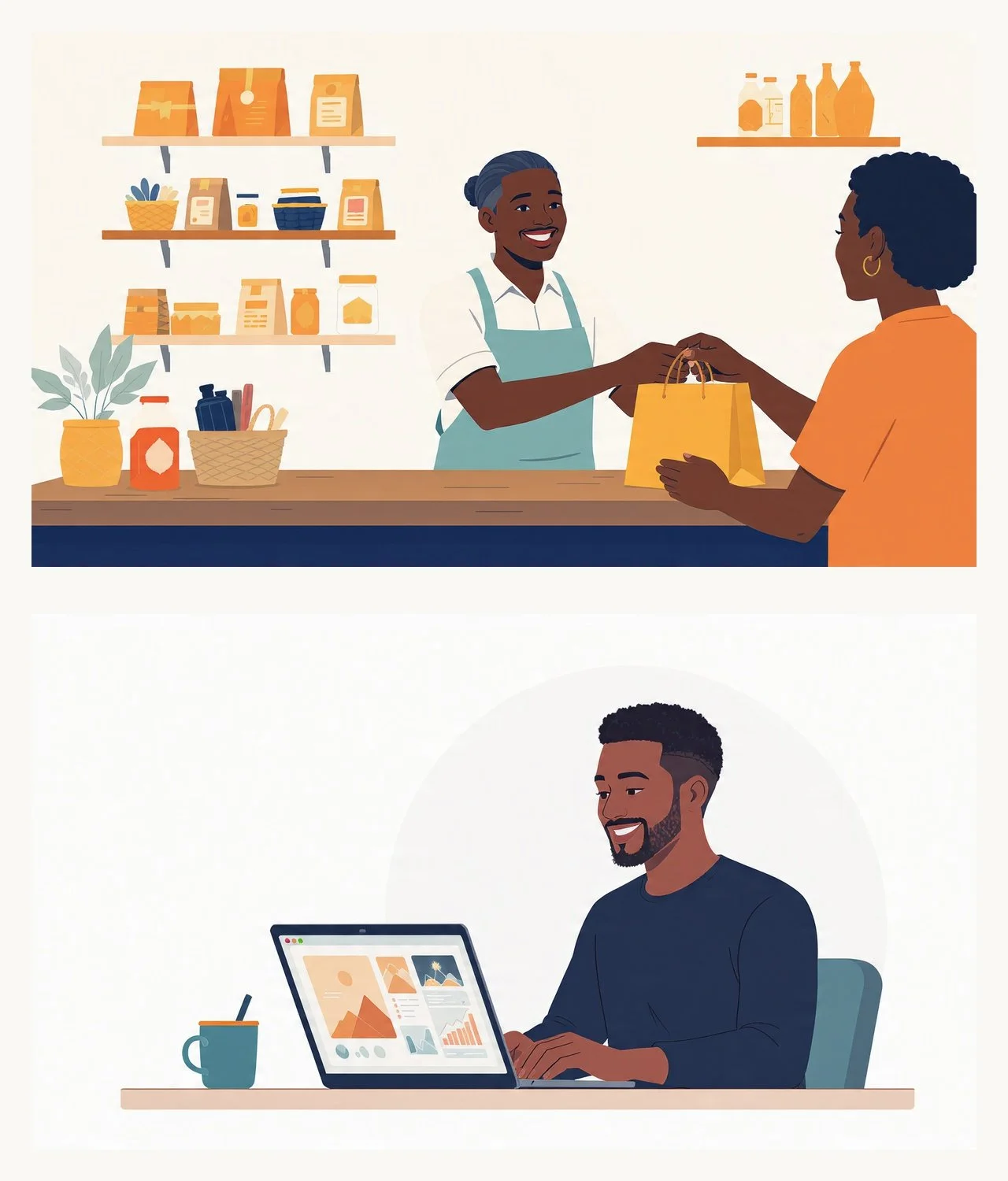 Illustratie van een vrouwenwinkel met een medewerker die een cadeau overhandigt aan een klant, beide glimlachen. Op de achtergrond zijn planken met producten en decoratieve items zichtbaar. Onder is een afbeelding van een man die werkt op een laptop met grafieken en documenten, naast een kopje en een pen.