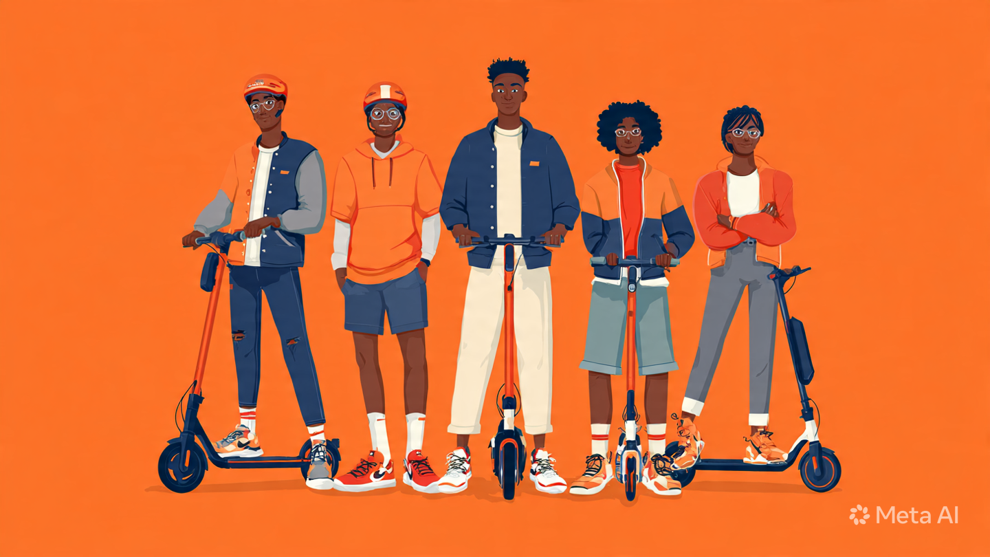 Vijf jonge mensen met verschillende haartypes en huidkleuren, allemaal gekleed in sportkleding en inclusief kleine elektrische scooters, staan op een oranje achtergrond.