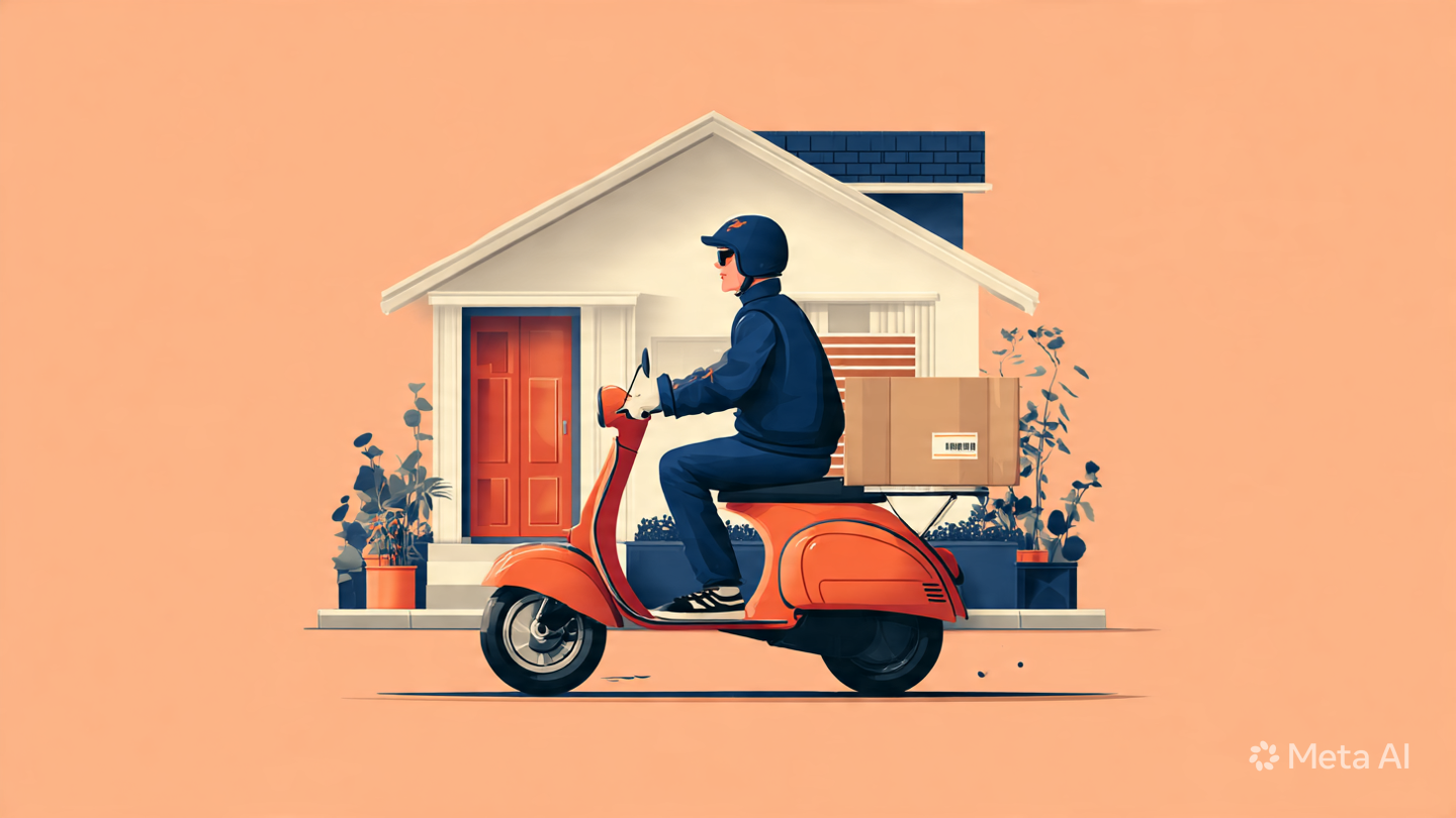 Bezorgdienst rijdt op een oranje scooter voor een huis met een rode deur, omgeven door planten.