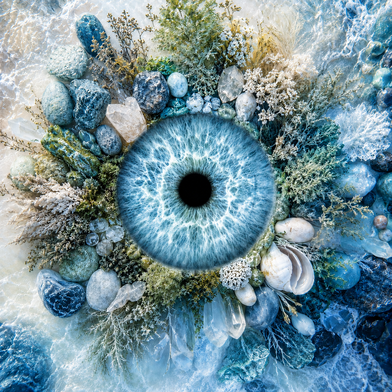 A close-up of a human eye with a large, vivid blue iris, surrounded by assorted rocks, shells, and decorative elements in shades of blue, white, and green, creating an intricate, surreal composition.
