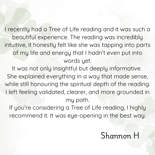 A heartfelt review text about a Tree of Life reading, set against a light green watercolor background with faint leaf patterns.
