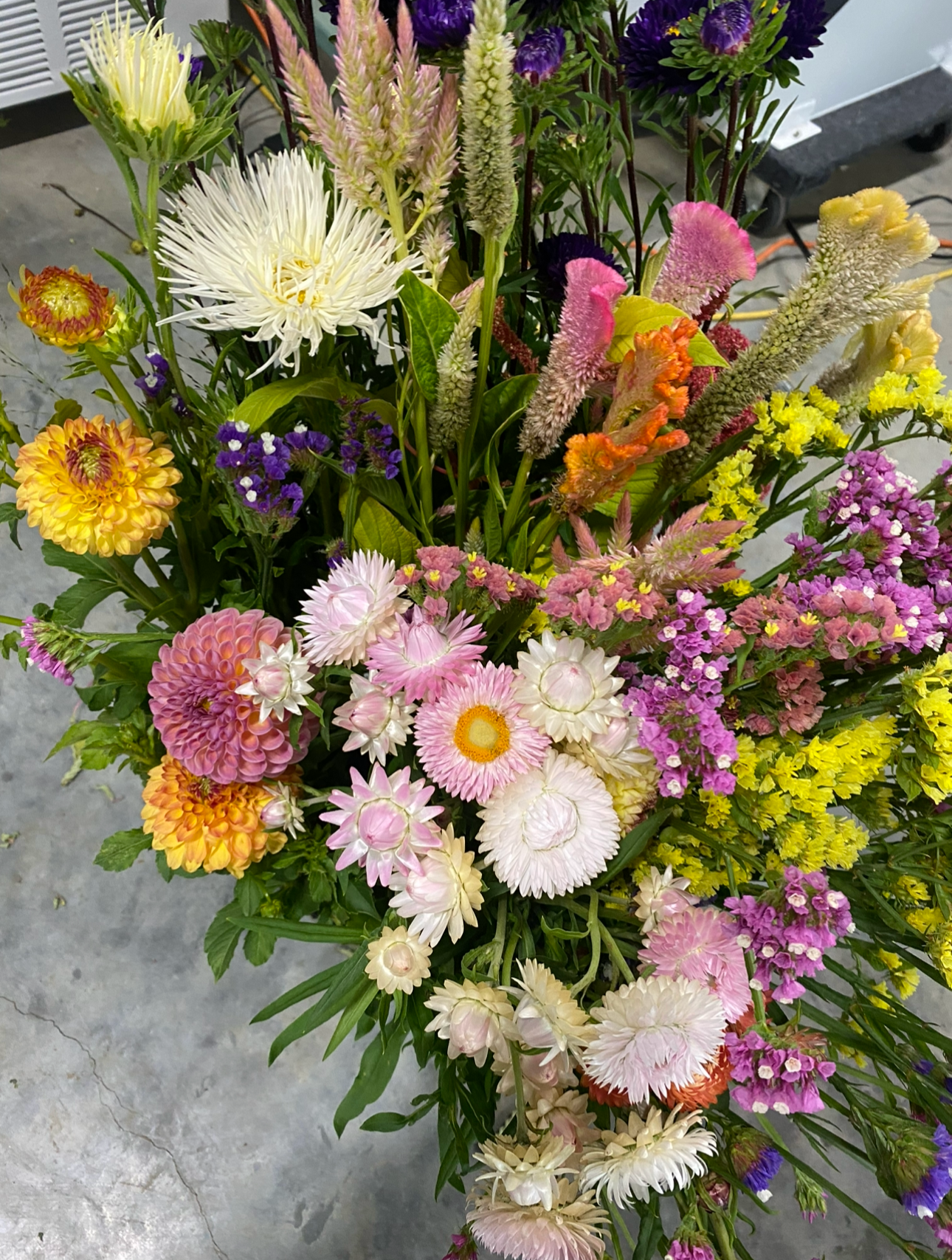 A colorful bouquet of various flowers, including dahlias, asters, and other vibrant blooms, arranged together on a concrete surface.