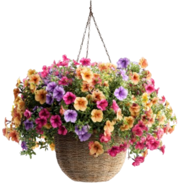 Hanging basket filled with pink, purple, and yellow flowers.
