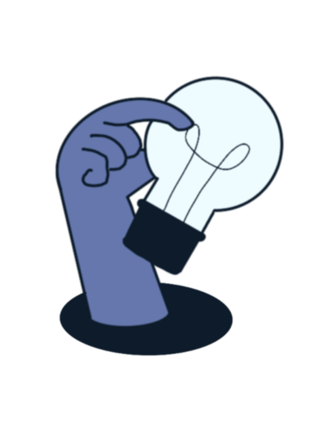 Drawing of a hand holding a lightbulb, with the hand and lightbulb depicted in shades of blue and white background.