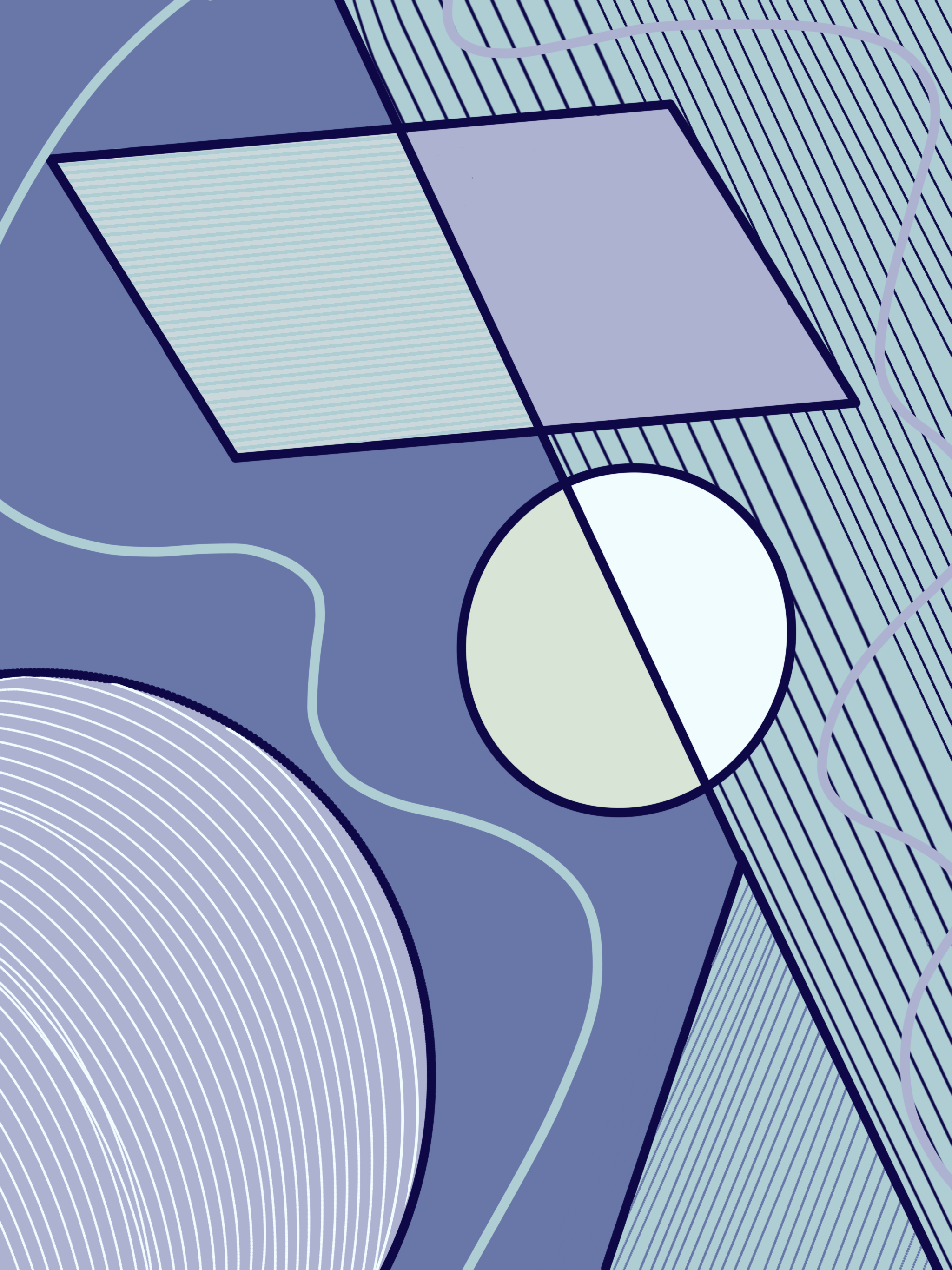 Abstract digital art with overlapping geometric shapes, lines, and patterns in shades of blue, purple, and green.