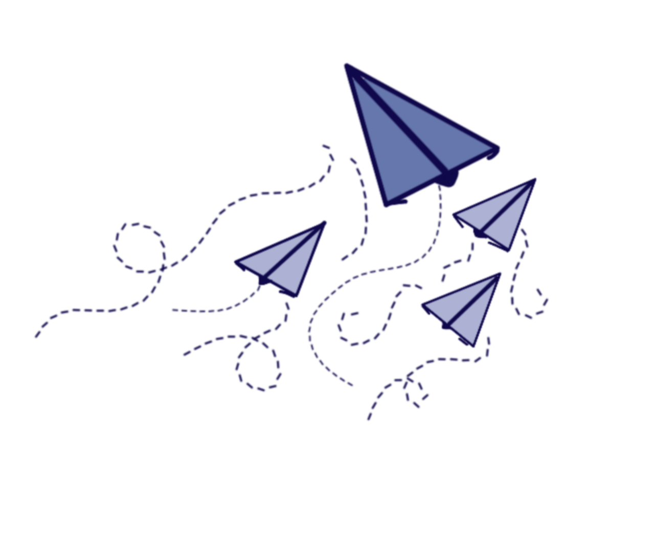Five blue paper airplanes with dashed flight paths flying in different directions.