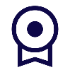 A simple dark blue circle logo with a small ribbon at the bottom.