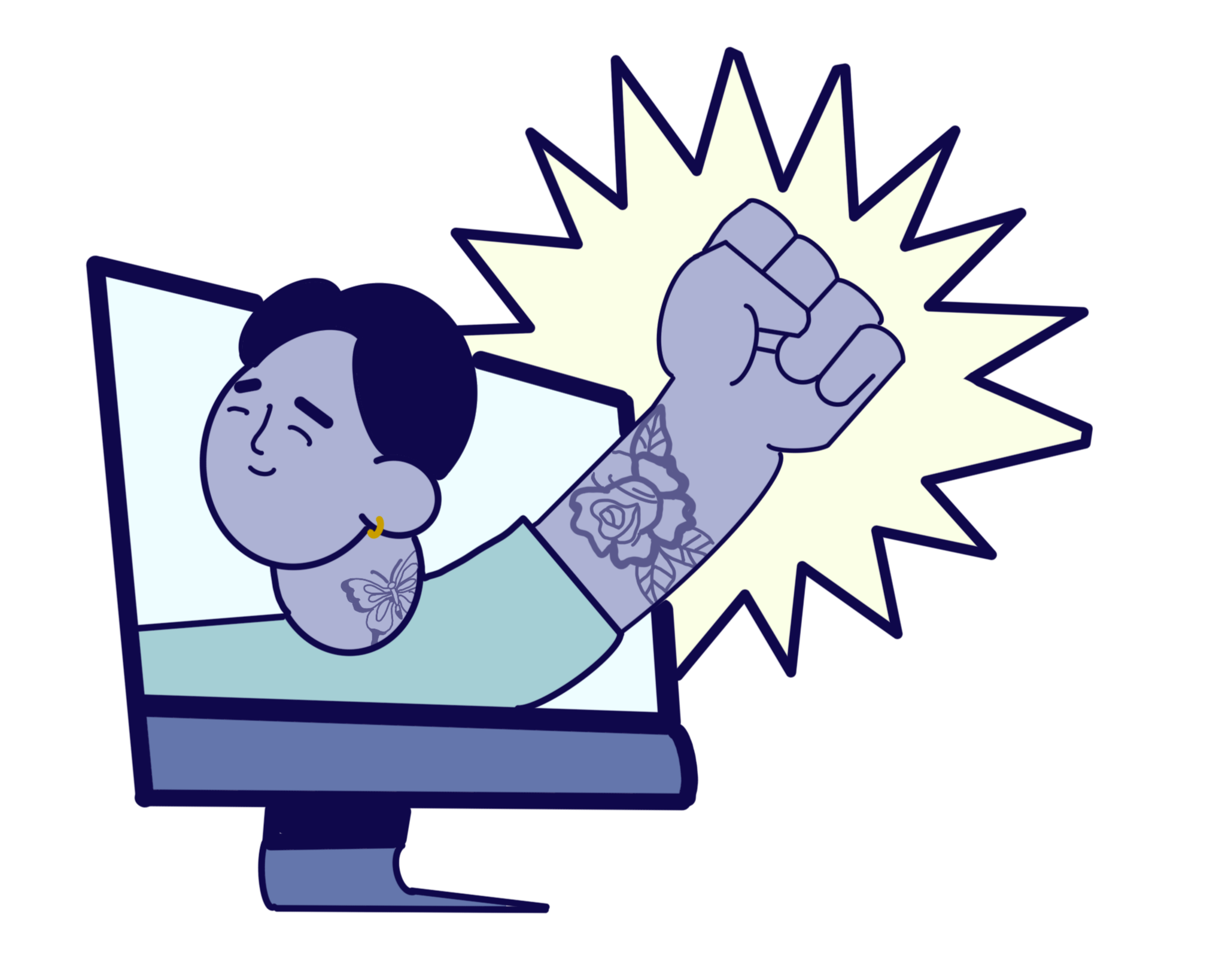 A cartoon drawing of a person feeling empowered, holding up a fist with a tattoo of a rose on the arm in front of a comic-style explosion background.