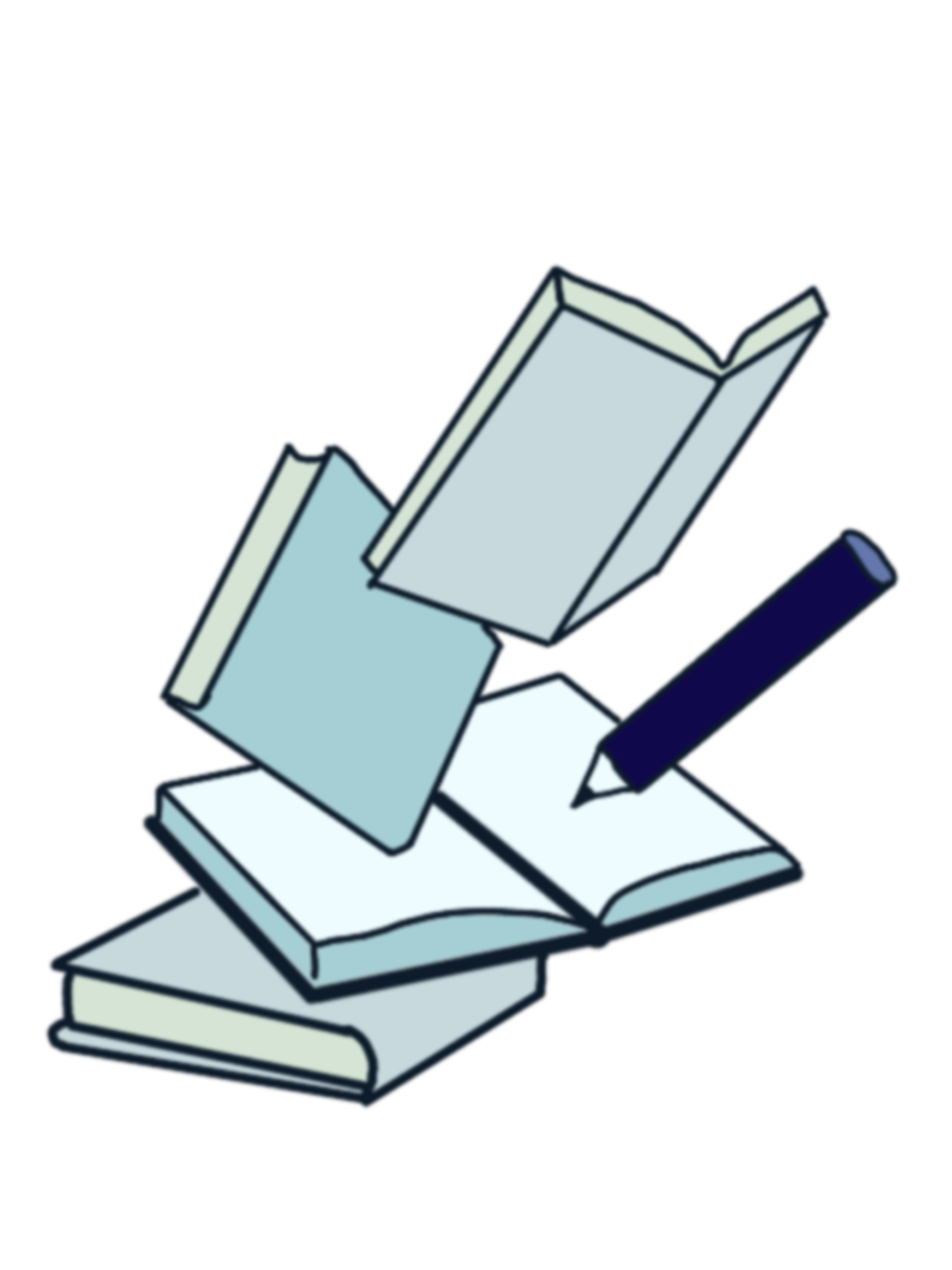 Illustration of a stack of books with one open book and a pen writing in it.